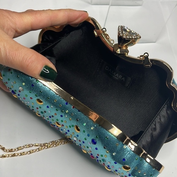 Damara Hardshell Evening Teal Metallic Geometric Clutch Shoulder Bag - New - Picture 7 of 12